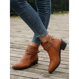 Vintage Plain Wearable Zipper Block Heel Classic Boots Buckle