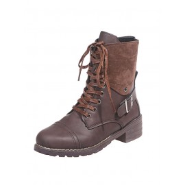 Retro Stitching Lace-up Zipper Boots