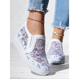 Sequins Floral Embroidered Lace Paneled Slip-On Wedge Shoes
