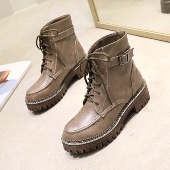 Women Casual Solid Color Buckle Lace Up Platform Short Combat Boots