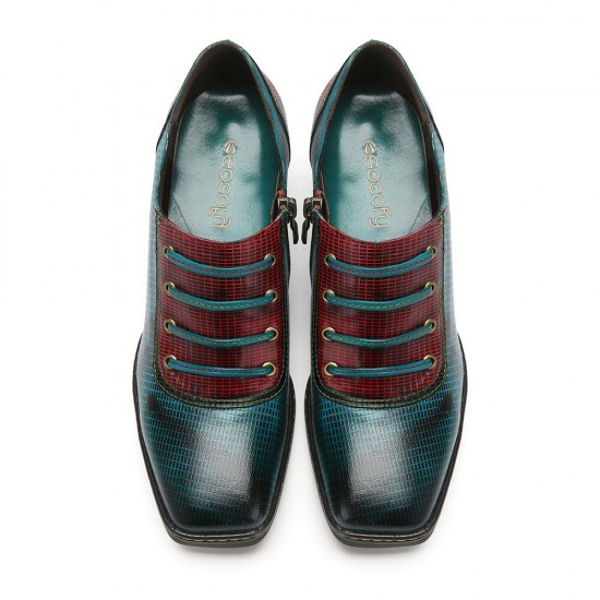 Genuine Leather Comfy Side-zip Retro Square Toe Heels