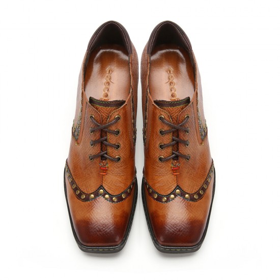 Genuine Leather Comfy Lace-up Retro Square Toe Oxfords Heels